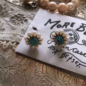 Y2k Betsey Johnson Stud Pearl Blue Gold Gem Tiffany Teal Vintage Sun Star Burst